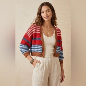 Sachin & Babi Red Tan Striped Knit Cropped Penny Cardigan New Size Large